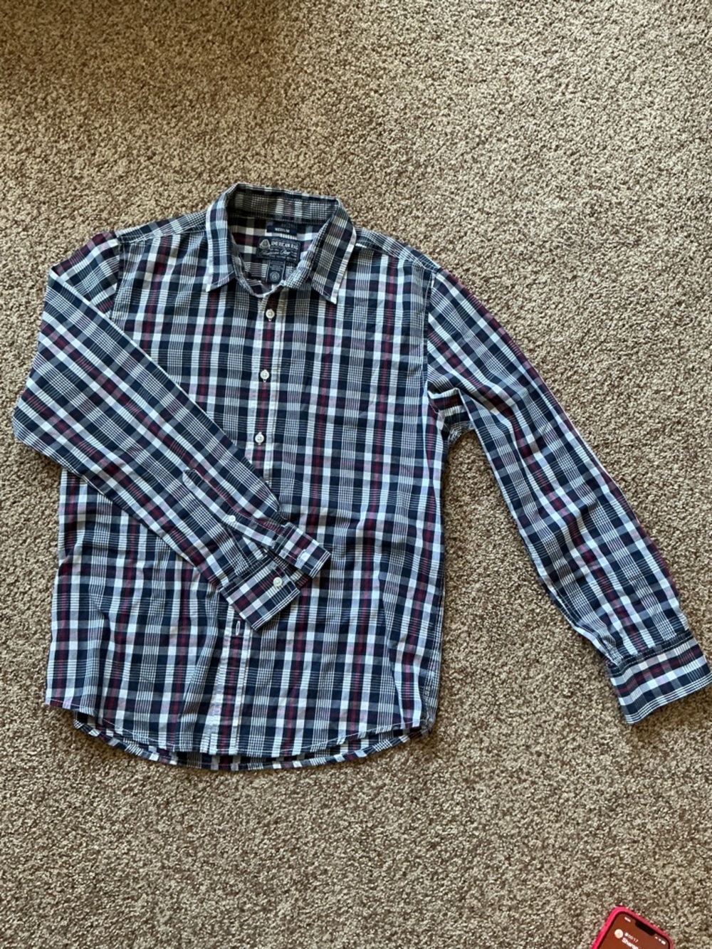 Men's Long Sleeve Plaid Button-Down Shirt - Blue and White with Red